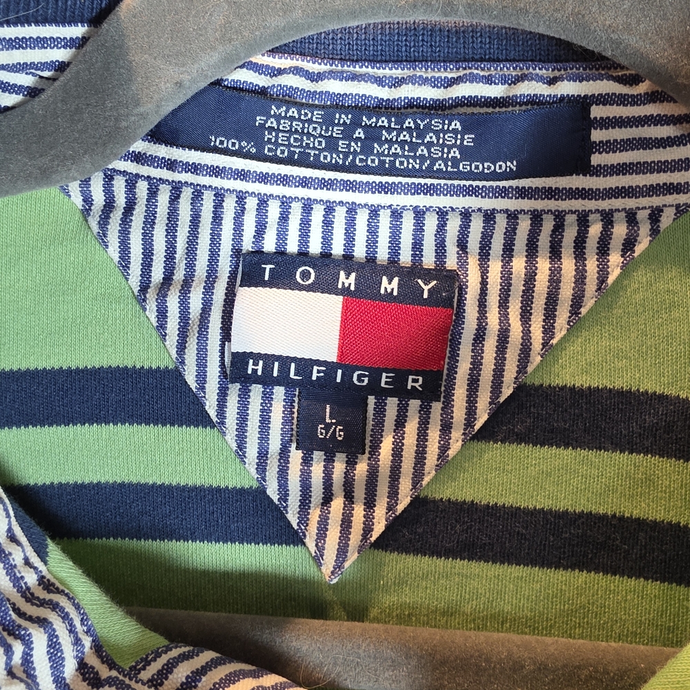 Mens Tommy Hilfiger Lime and Navy Striped Polo Size Large - Picture 2 of 3